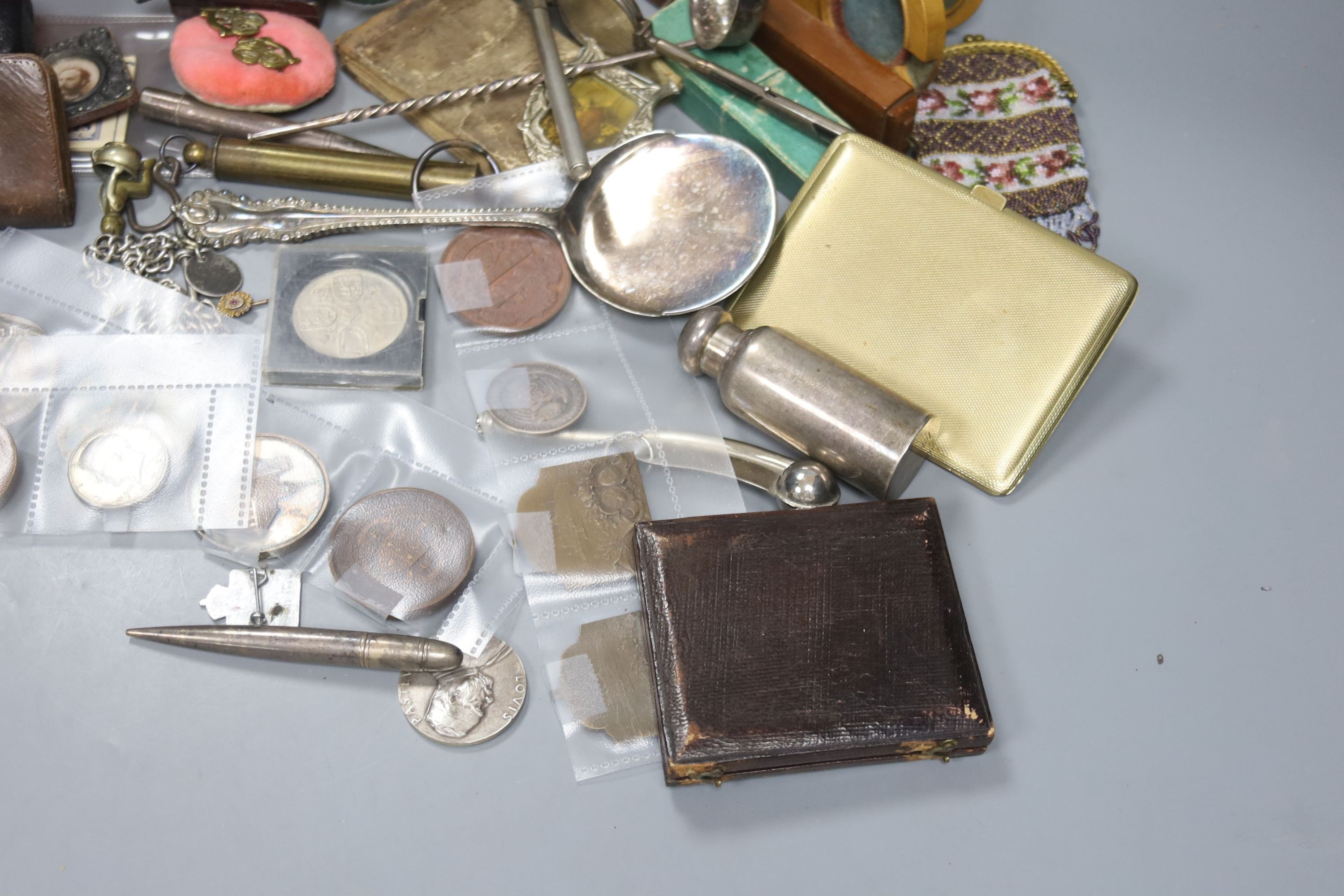 A box of objects of vertu, portrait miniature, coins and medals